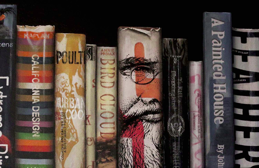 Book spines painted on canvas